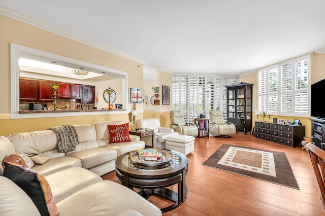 living room featuring ornamental molding, light hardwood / wood-style floors, and a wealth of natural light