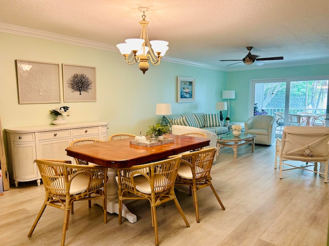 dining room with ceiling fan with notable chandelier, a textured ceiling, ornamental molding, and light wood-type flooring