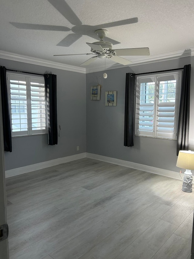 spare room featuring ceiling fan, ornamental molding, and a textured ceiling