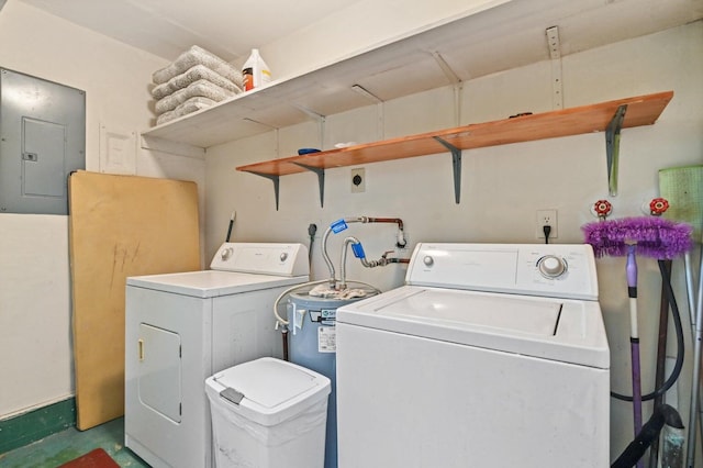 clothes washing area featuring separate washer and dryer, electric panel, and water heater