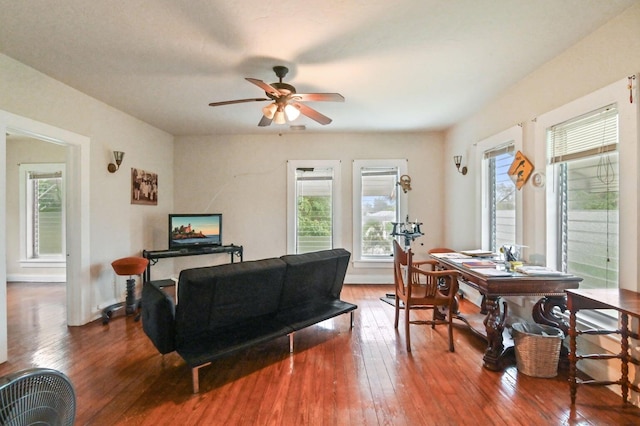 living room featuring wood-type flooring, ceiling fan, and a healthy amount of sunlight