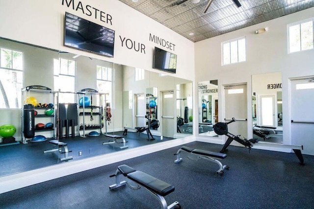 exercise room with a towering ceiling and a wealth of natural light