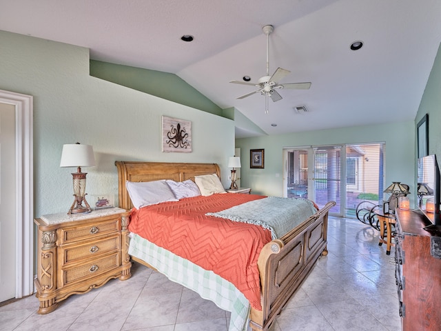 tiled bedroom with ceiling fan, vaulted ceiling, and access to outside