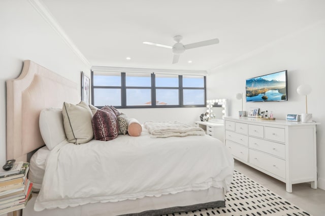 bedroom with light tile patterned floors, ceiling fan, and crown molding