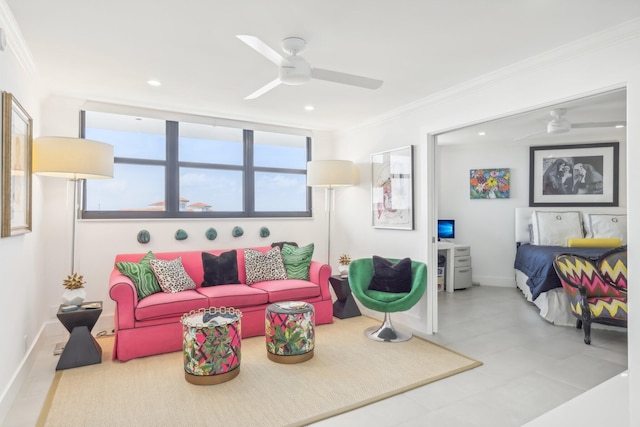 living room featuring ceiling fan and ornamental molding