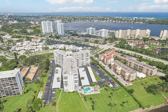 drone / aerial view with a water view