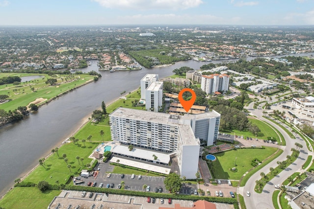 aerial view featuring a water view