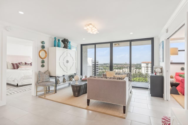 tiled living room featuring floor to ceiling windows and ornamental molding