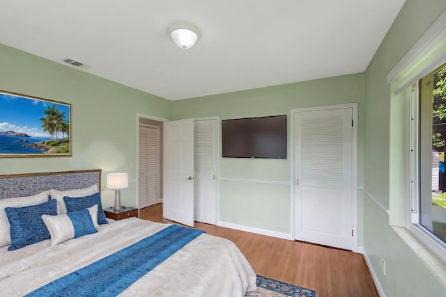 bedroom featuring multiple closets, multiple windows, and wood-type flooring