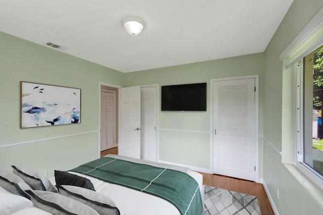 bedroom featuring hardwood / wood-style flooring, multiple windows, and two closets