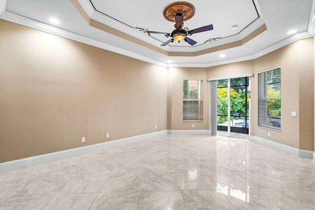 bedroom featuring light tile patterned flooring, ornamental molding, access to outside, ceiling fan, and a raised ceiling