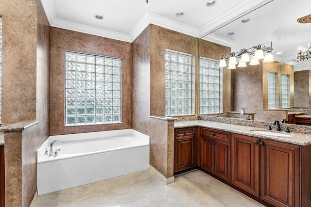 bathroom featuring an enclosed shower, vanity, ornamental molding, and a chandelier