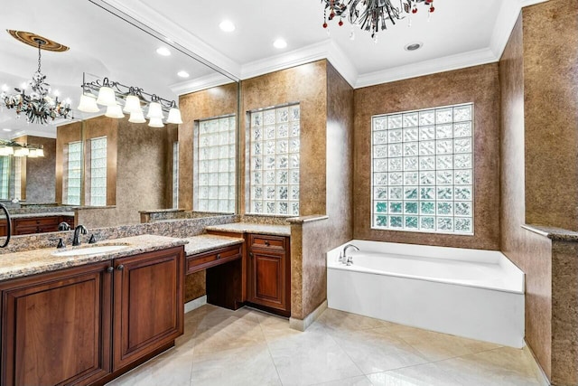 bathroom featuring ornamental molding, shower with separate bathtub, a chandelier, and vanity