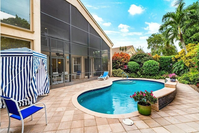 view of swimming pool with a lanai and a patio