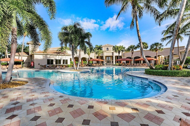 view of swimming pool with a patio area