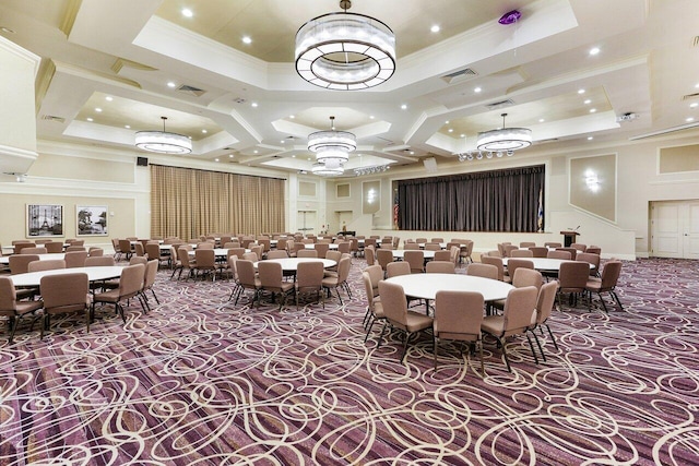 carpeted dining space with crown molding, ceiling fan, and a raised ceiling