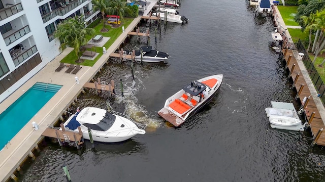 drone / aerial view with a water view