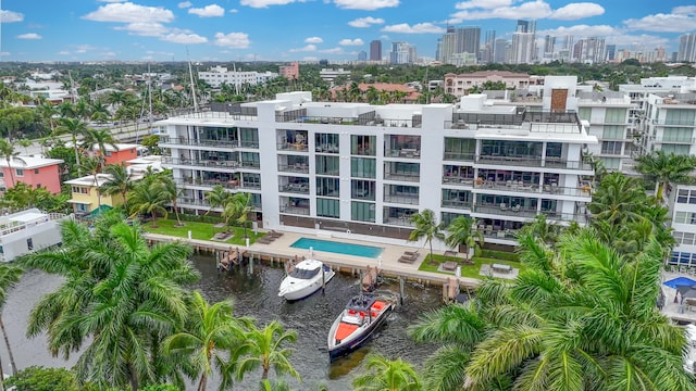 aerial view featuring a water view