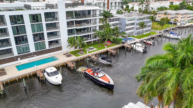 drone / aerial view featuring a water view