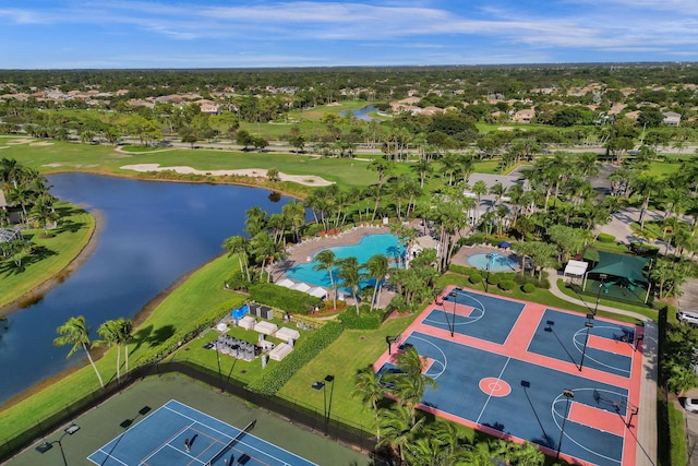 drone / aerial view with a water view