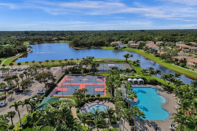 birds eye view of property featuring a water view