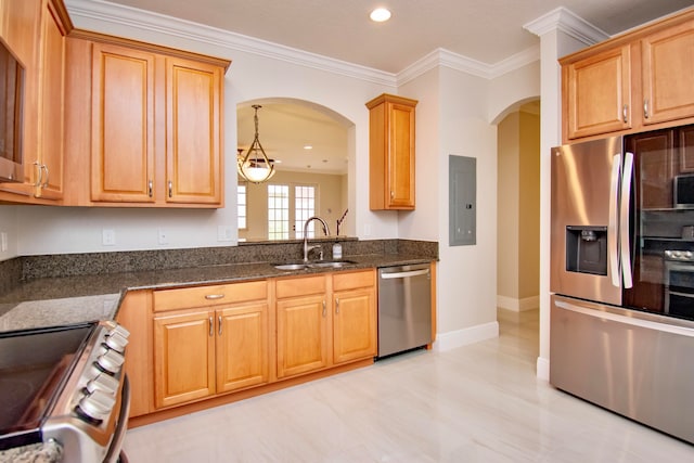 kitchen with stainless steel appliances, sink, electric panel, ornamental molding, and decorative light fixtures