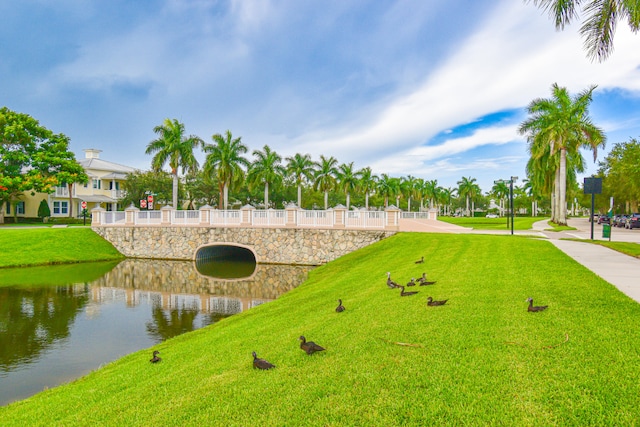 view of community with a water view and a lawn