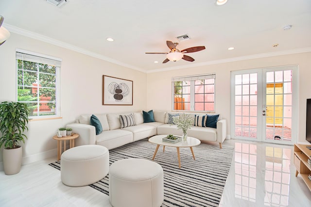 living room with ceiling fan, french doors, ornamental molding, and a wealth of natural light