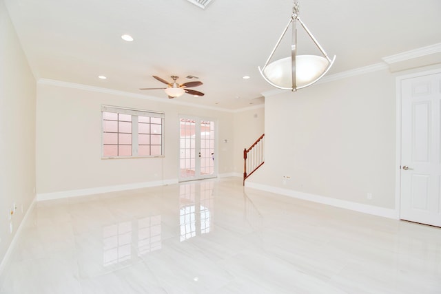 unfurnished room featuring ornamental molding, ceiling fan, and light tile patterned flooring