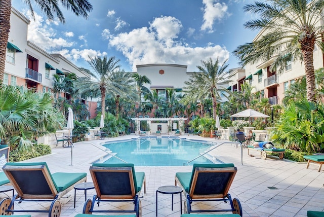 view of swimming pool with a patio area