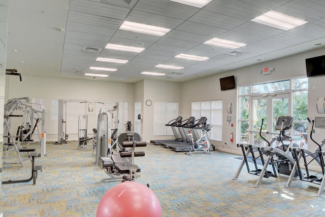 exercise room featuring a high ceiling and light colored carpet