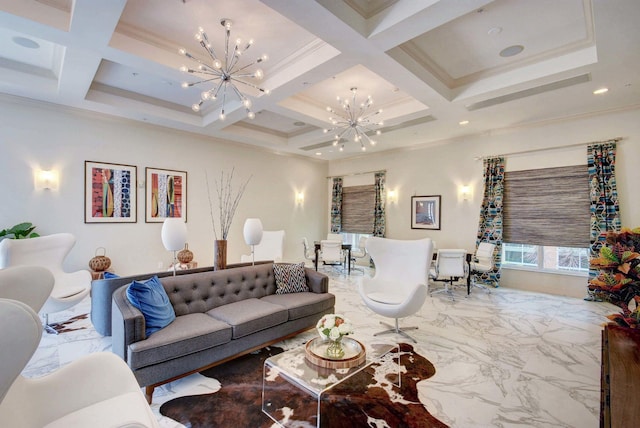 living room with crown molding, beam ceiling, coffered ceiling, and a notable chandelier