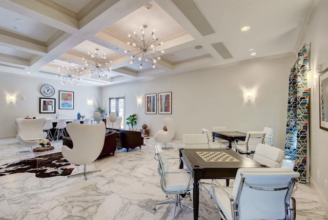 interior space with a notable chandelier, beam ceiling, coffered ceiling, and ornamental molding