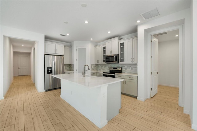 kitchen featuring light wood-type flooring, an island with sink, white cabinetry, stainless steel appliances, and backsplash