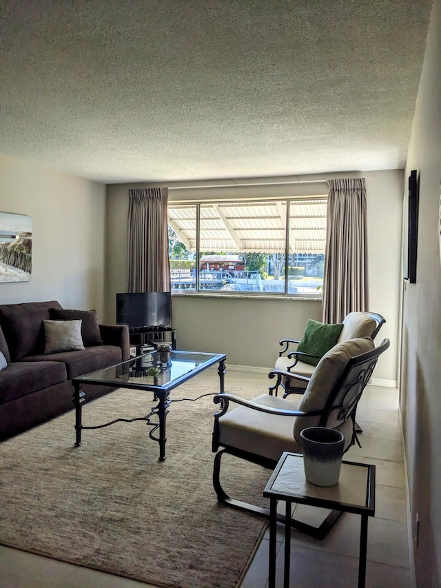 living room with a textured ceiling