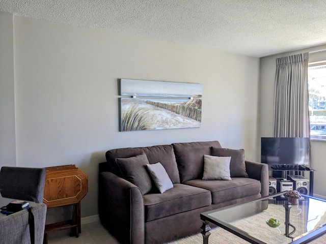 living room with a textured ceiling