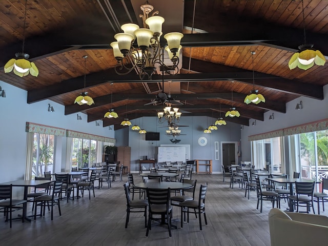 dining space featuring wood ceiling and wood-type flooring