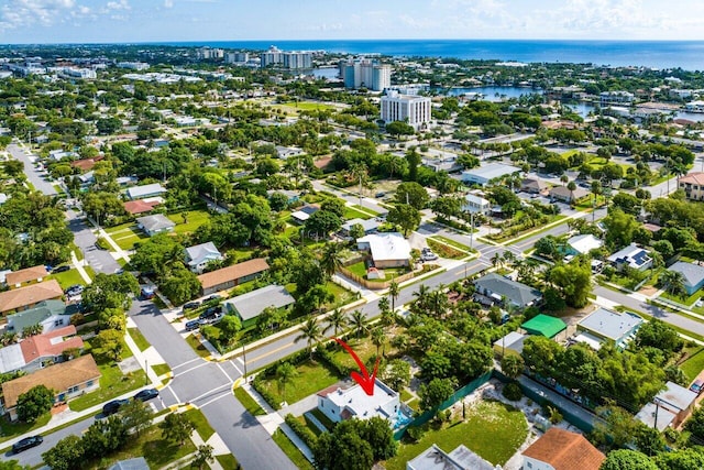 aerial view featuring a water view