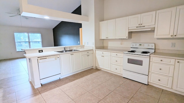 kitchen with light tile patterned flooring, sink, white cabinetry, kitchen peninsula, and white appliances