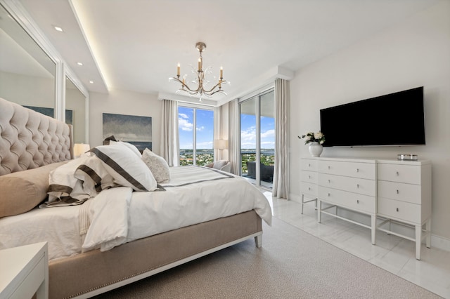 bedroom with access to outside, an inviting chandelier, and light carpet