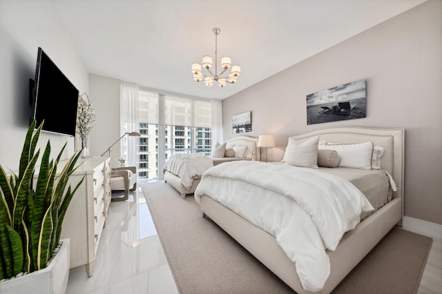 bedroom with an inviting chandelier and light tile patterned floors