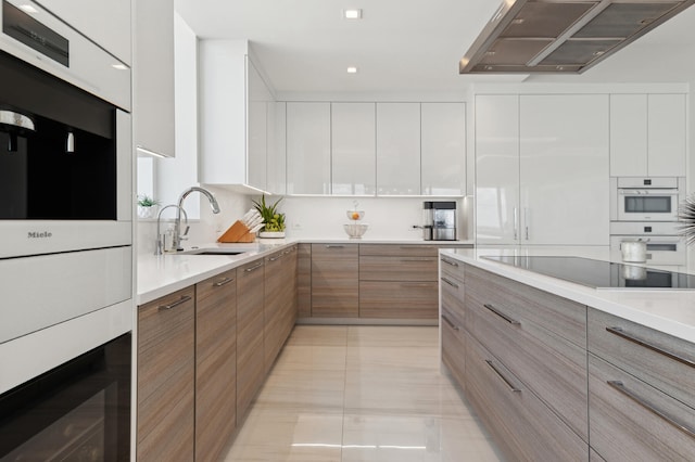 kitchen with ventilation hood, oven, stainless steel oven, sink, and white cabinets