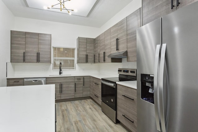 kitchen with a chandelier, light wood-type flooring, tasteful backsplash, sink, and appliances with stainless steel finishes