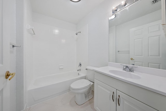 full bathroom with vanity, bathtub / shower combination, tile patterned floors, and toilet