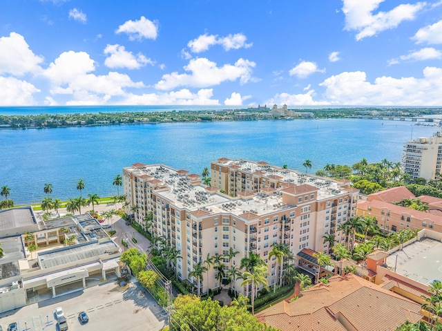 aerial view featuring a water view