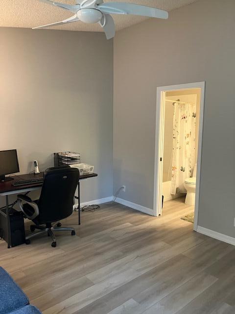 office space with wood-type flooring, a textured ceiling, and ceiling fan