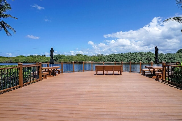 dock area with a deck with water view