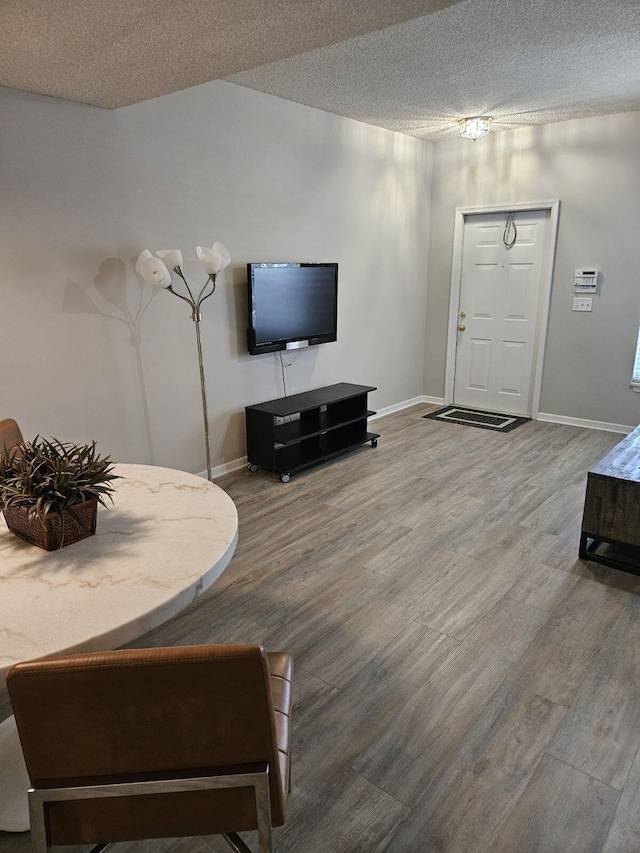 living room featuring wood-type flooring and a textured ceiling