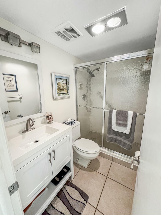 bathroom with tile patterned flooring, toilet, vanity, visible vents, and a shower stall