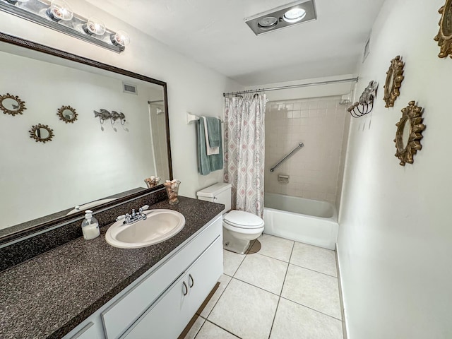 bathroom featuring shower / bath combo, visible vents, toilet, tile patterned flooring, and vanity